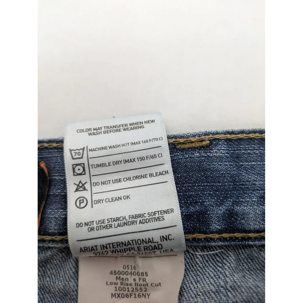 Ariat FR M4 Low Rise Boot Cut Jeans Mens 35x32 Blue Distressed Thrashed Workwear